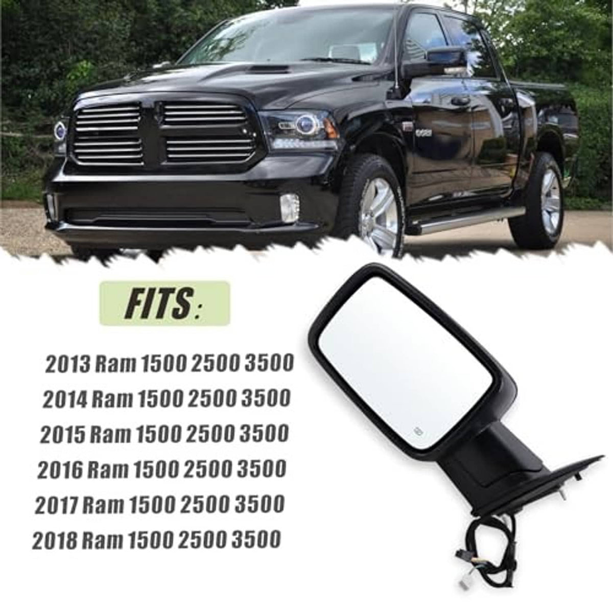 Black left driver-side mirror housing with integrated wiring harness and mounting bracket