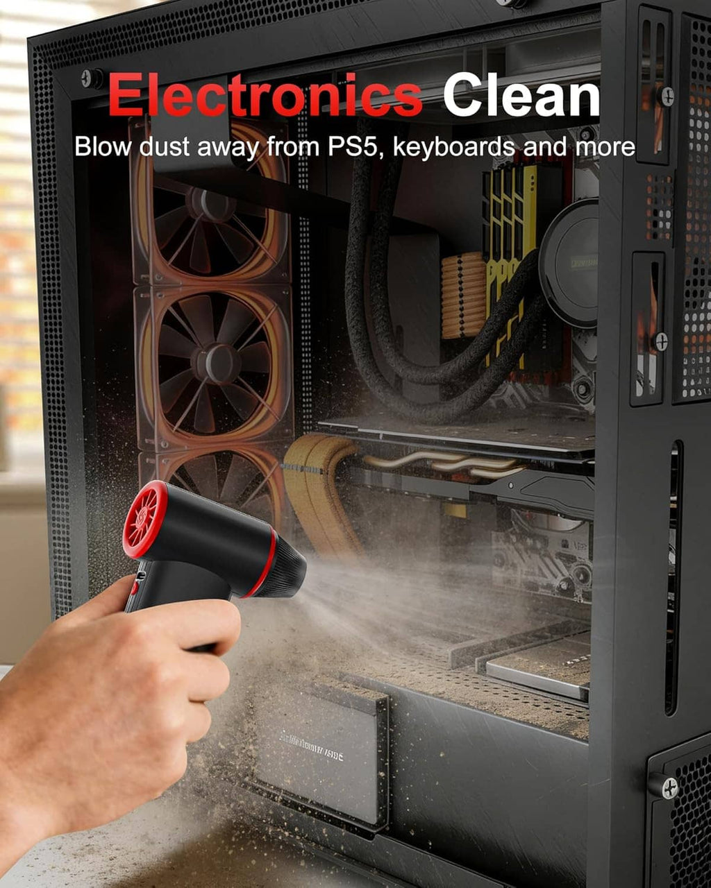 Handheld air duster spraying dust from a computer vent, black with red nozzle ring