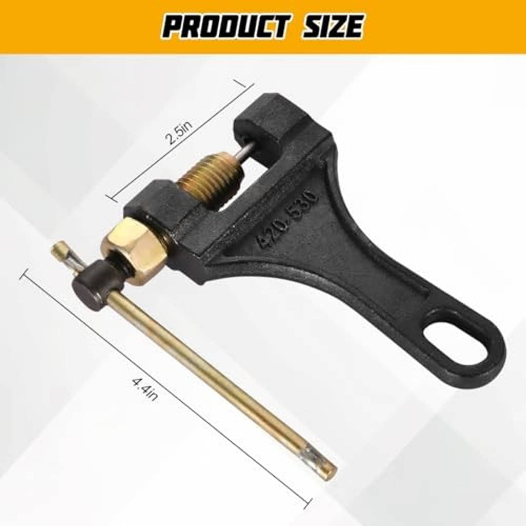 Motorcycle chain breaker tool with black steel body, threaded screw, and long drive pin rod