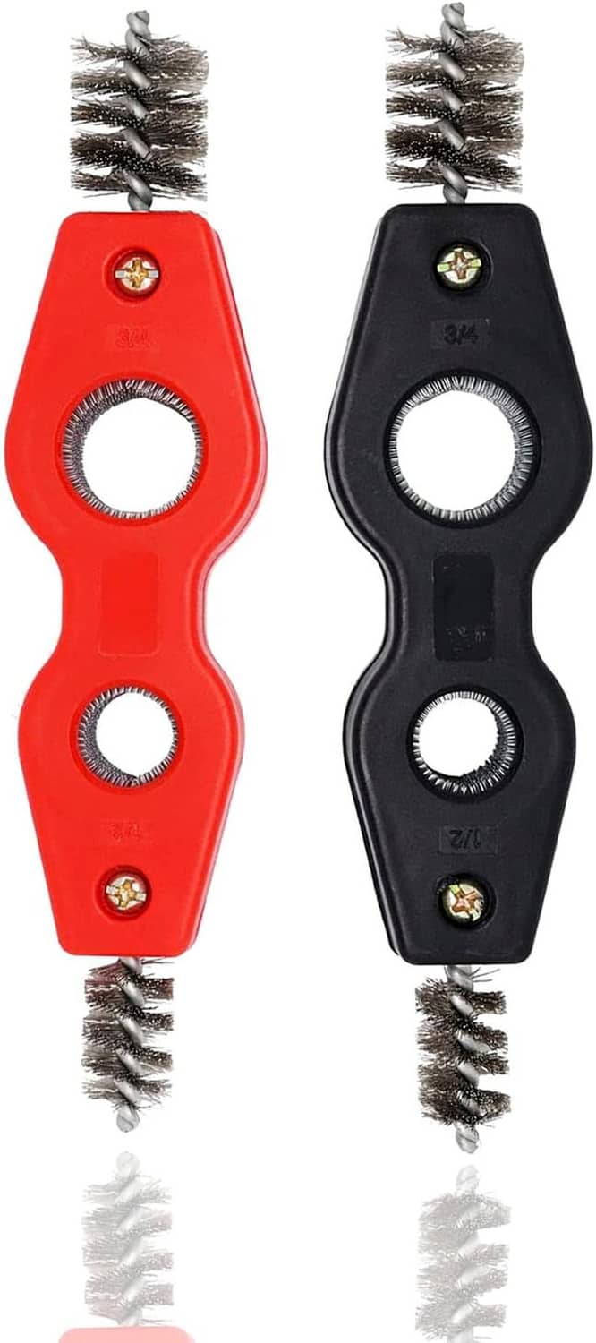 2-pack pipe cleaning brushes with red and black handles and copper wire brush heads