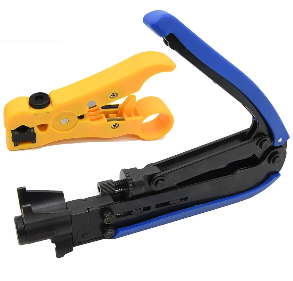 Coax compression crimper with yellow cutter tool and blue handle with black frame