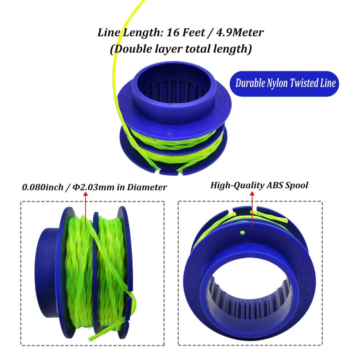 Blue ABS trimmer line spool with neon green double-layer line, labeled specs