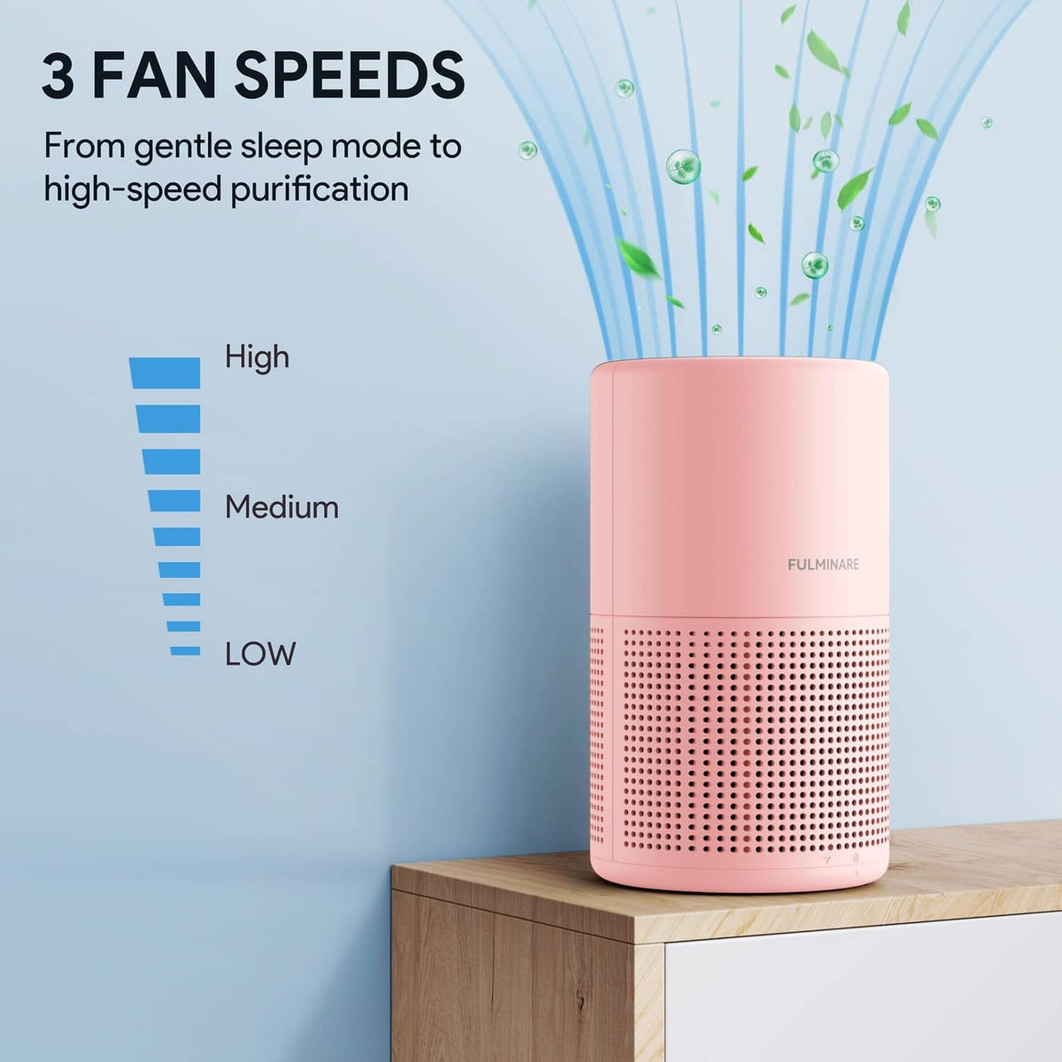 Pink air purifier with perforated intake grille on a tabletop
