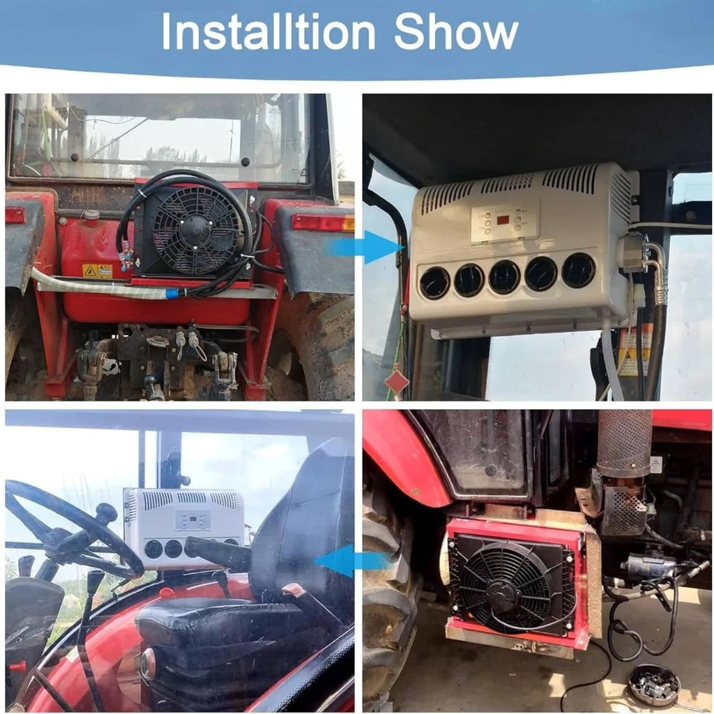 12V truck split AC installation view, indoor unit mounted with exposed outdoor fan