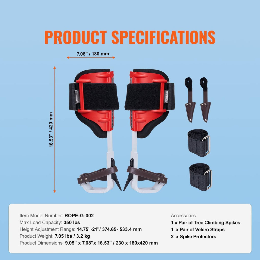 Tree climbing spikes set with red frames, black pads, brown straps, and black velcro wraps