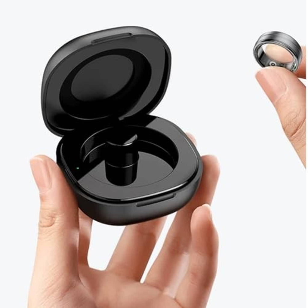 Magnetic smart ring charging case, open with charging cavity and pin