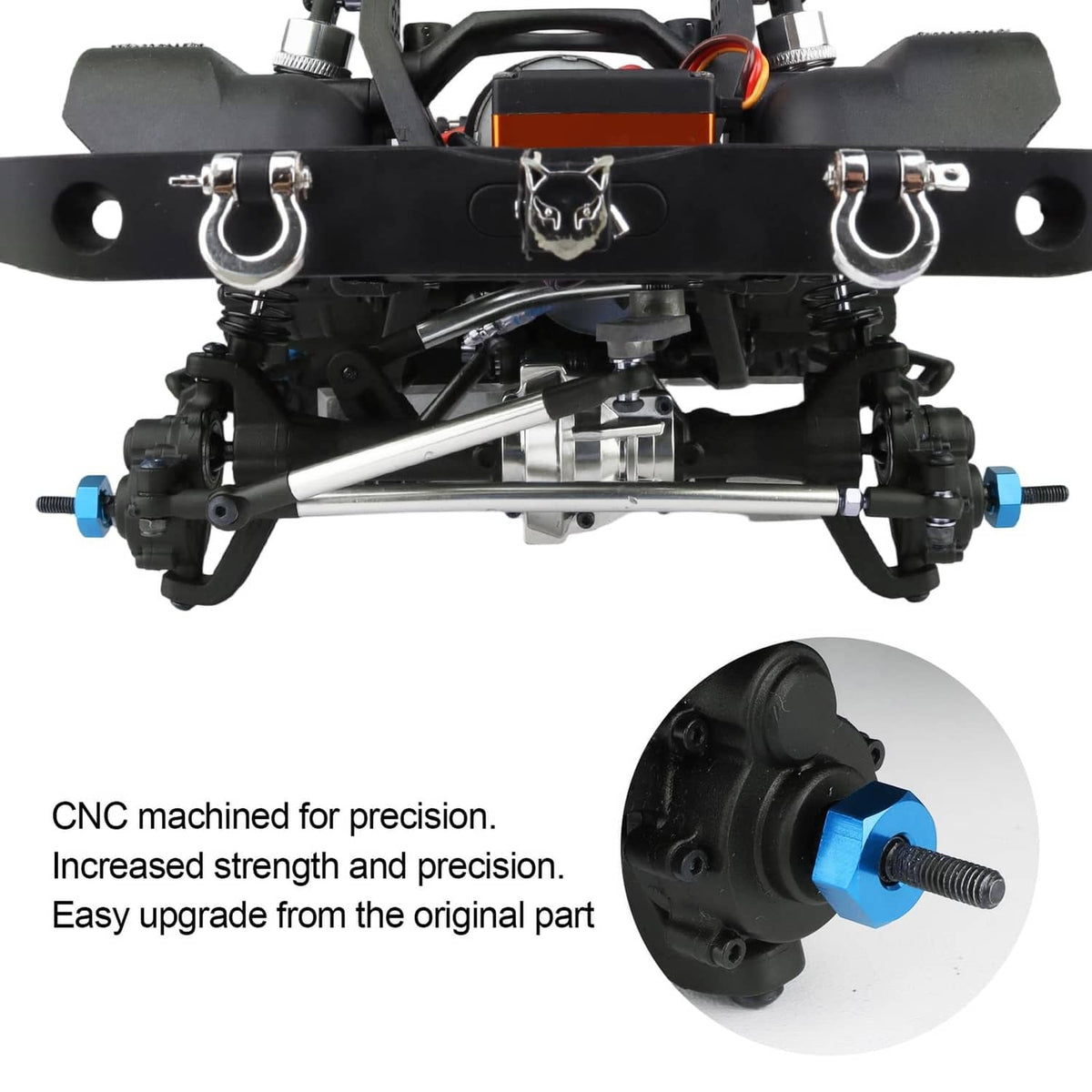 Blue aluminum hex drive hub adapter on black RC axle housing with silver rod