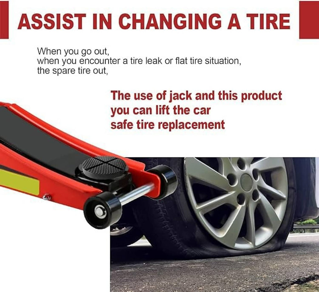 Black round jack pad on a red floor jack lifting a car wheel for tire changes.