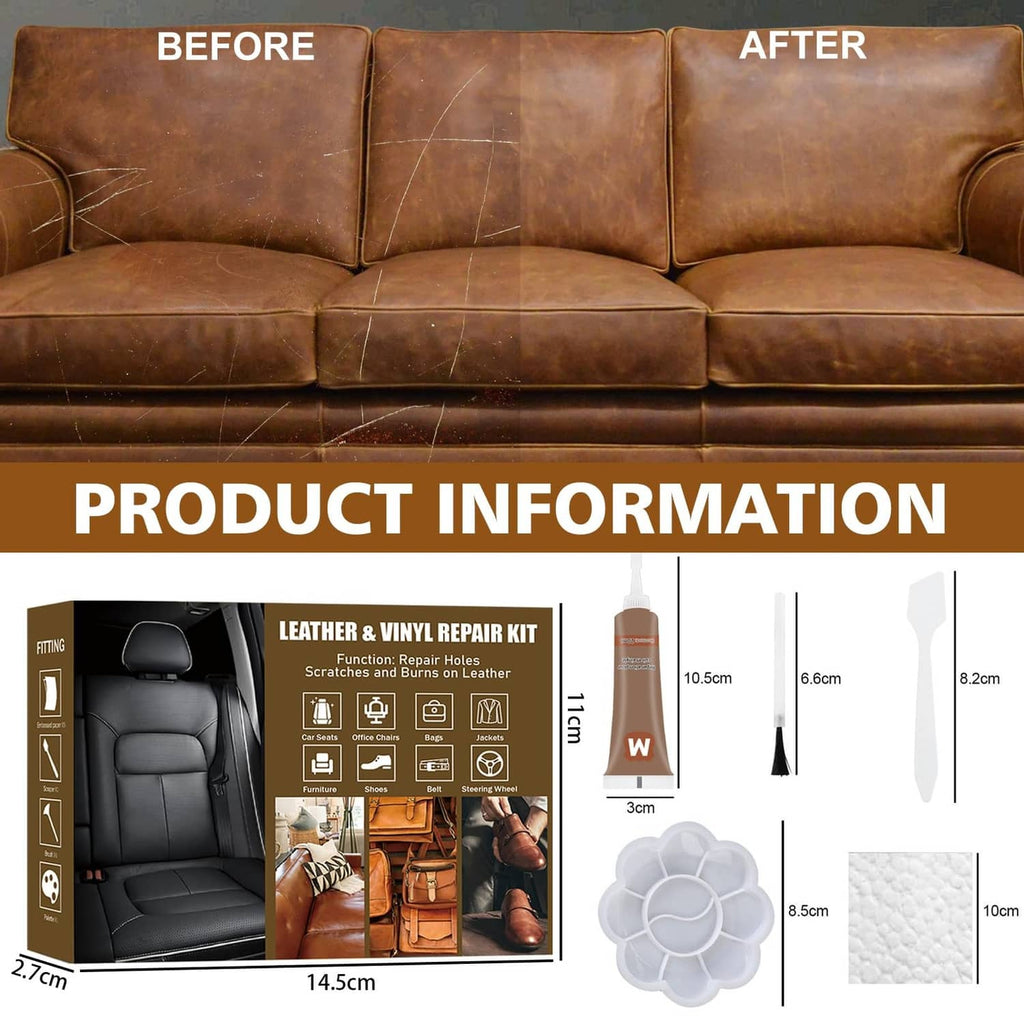 Brown leather sofa seat with crack repair before-and-after finish