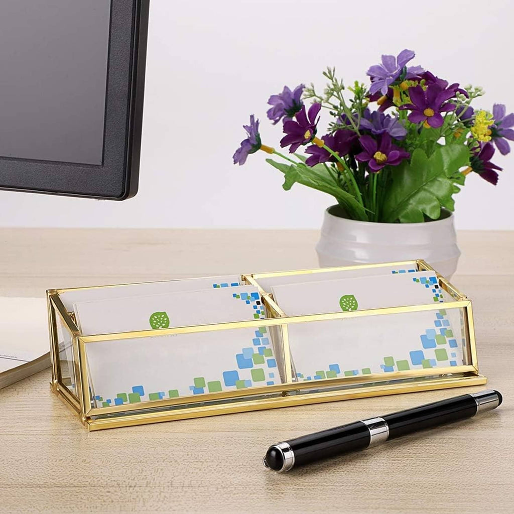 Gold 4-slot business card holder with clear glass, colorful cards inside