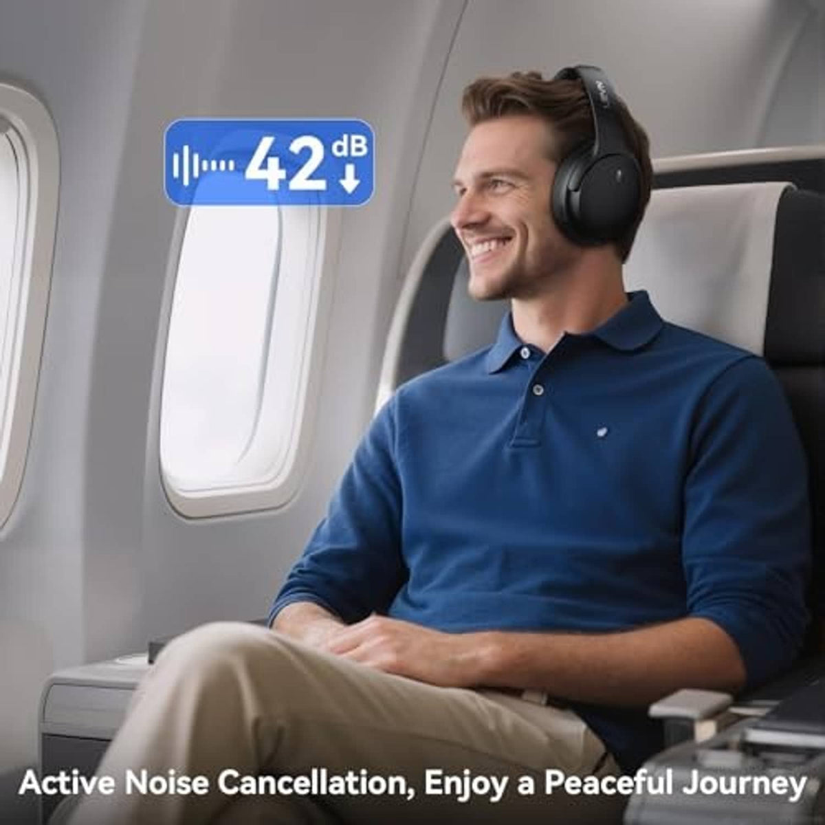 Black over-ear wireless active noise cancelling headphones worn on an airplane seat