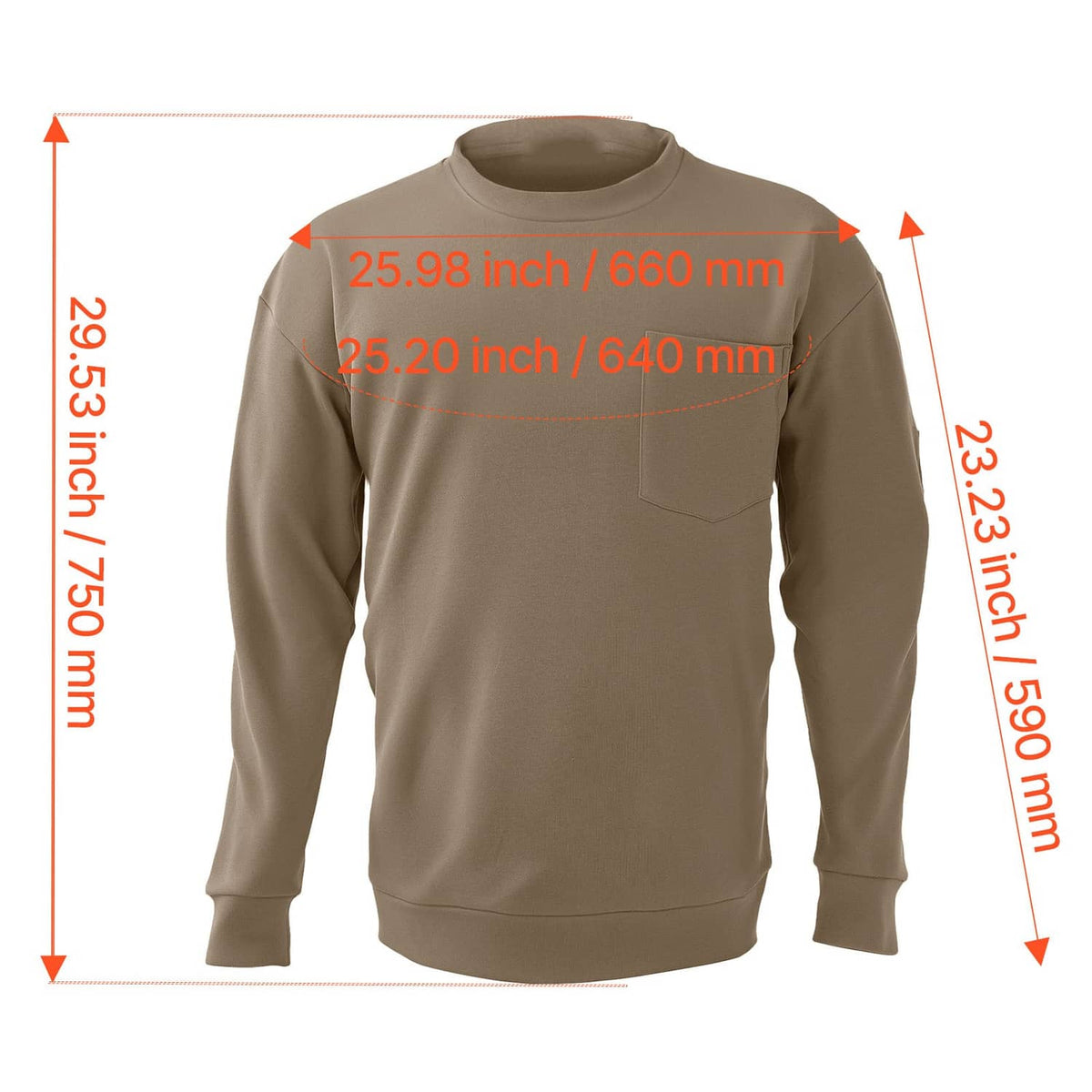 Men's flame-resistant long-sleeve work shirt front measurement diagram, 2XL