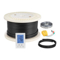 Underfloor heating cable kit with black cable reel, sensor alarm and wiring components