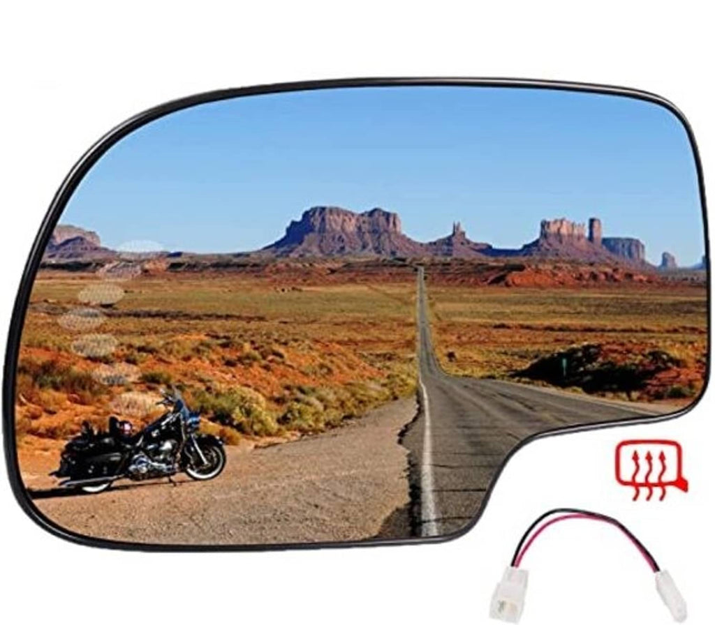 Left driver heated side mirror glass, curved blue-tinted reflection with black frame