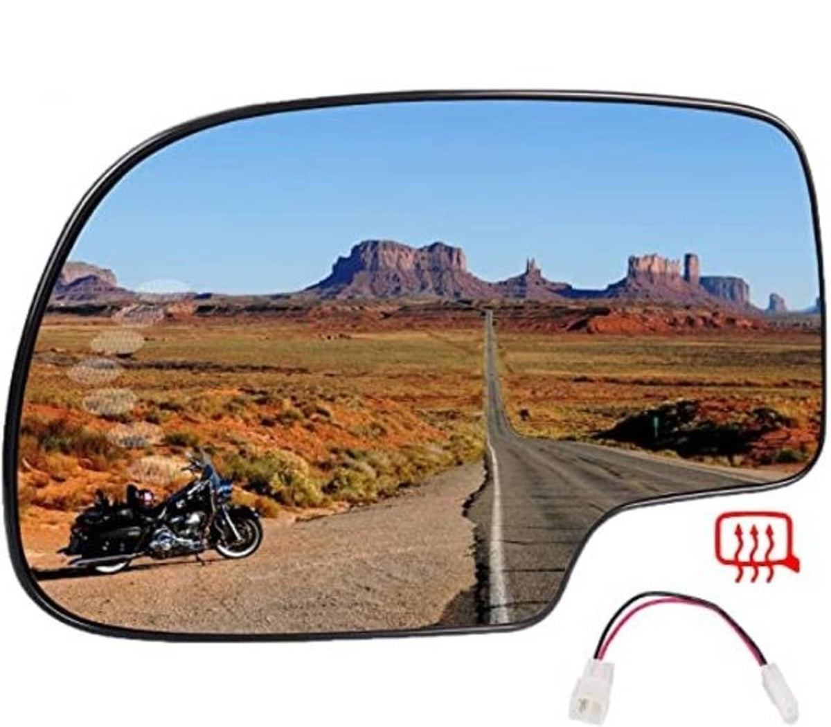 Left driver heated side mirror glass, curved blue-tinted reflection with black frame