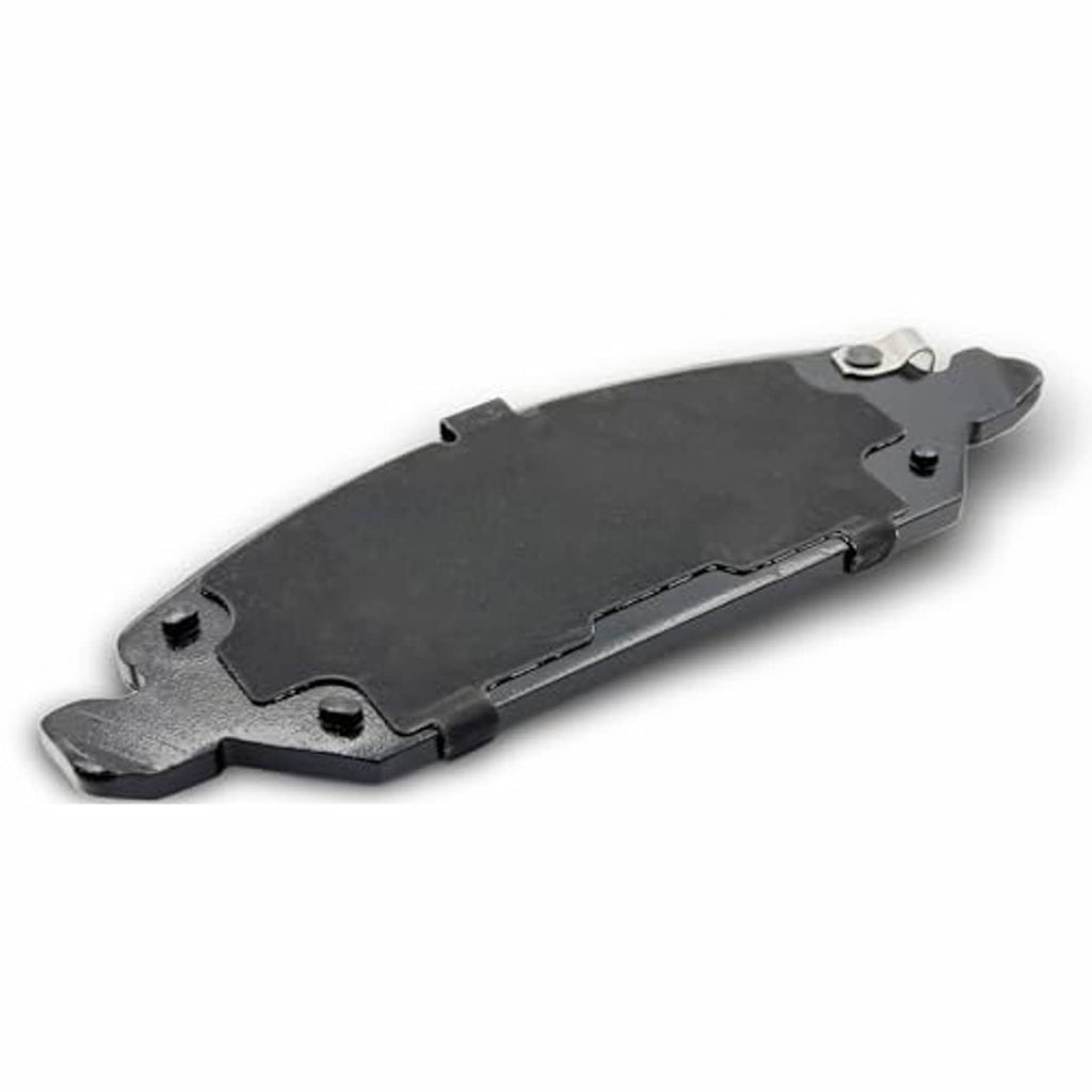 Ceramic brake pad, dark backing with cutouts and mounting holes
