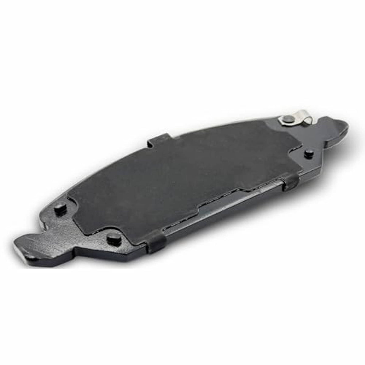 Ceramic brake pad, dark backing with cutouts and mounting holes