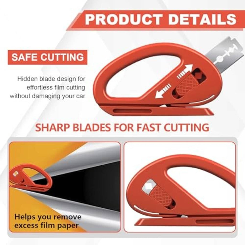 Red manual window tint cutter with concealed blade for safe trimming and removal