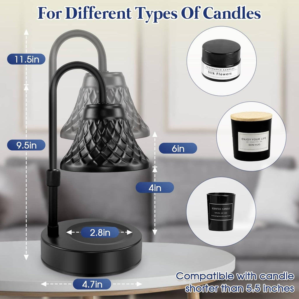Black candle warmer lamp with arched handle and base, shown with dimensions
