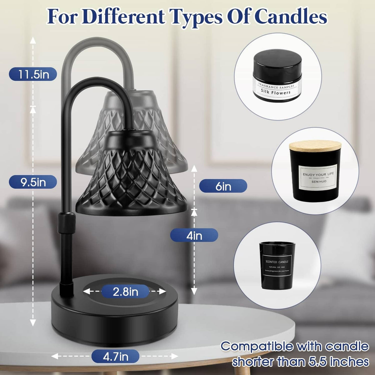 Black candle warmer lamp with arched handle and base, shown with dimensions