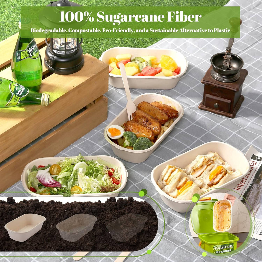 Light beige sugarcane fiber meal containers with lids, meal and salad portions