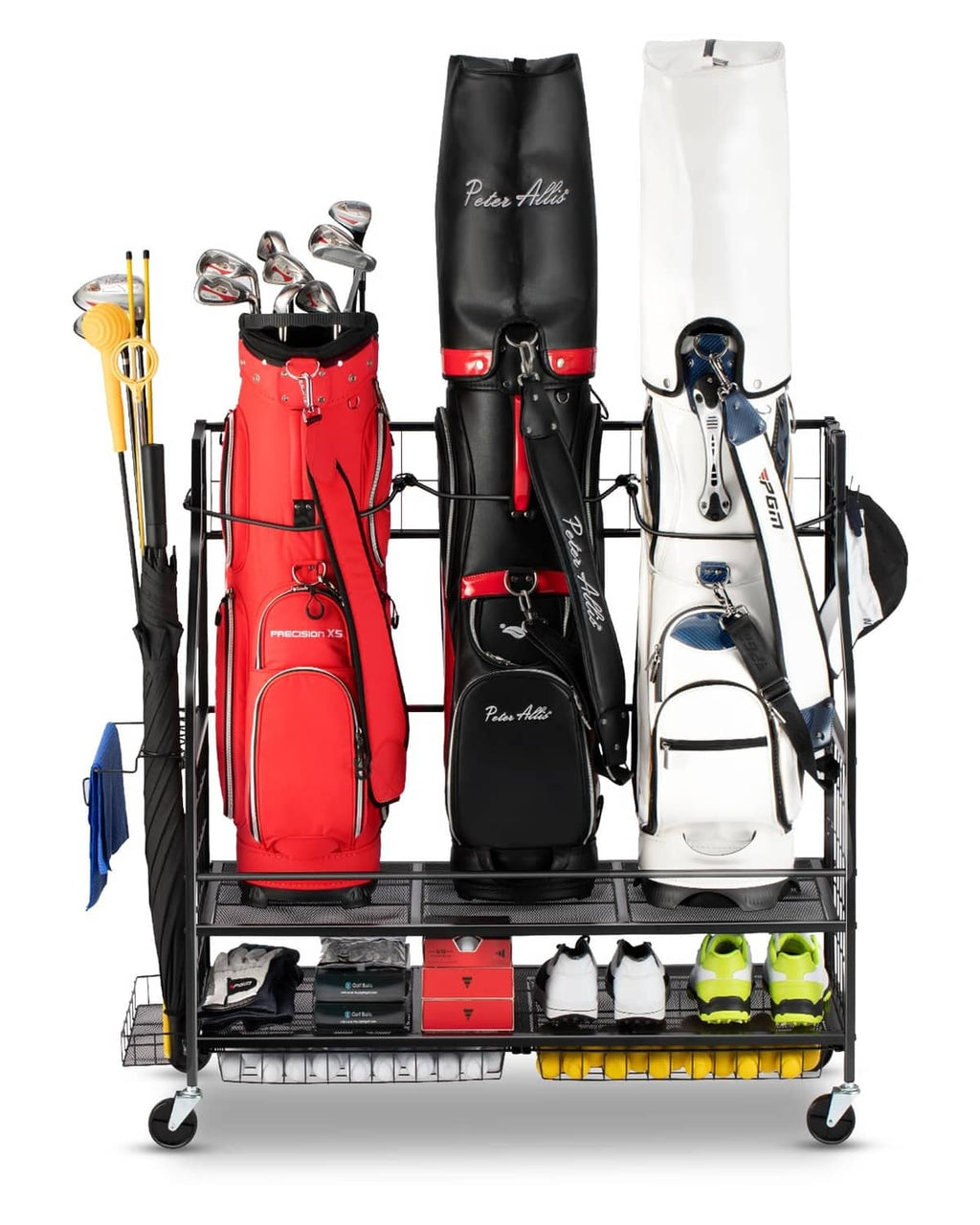 3-golf bag storage rack with red, black, and white bags on rolling metal stand