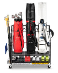3-golf bag storage rack with red, black, and white bags on rolling metal stand