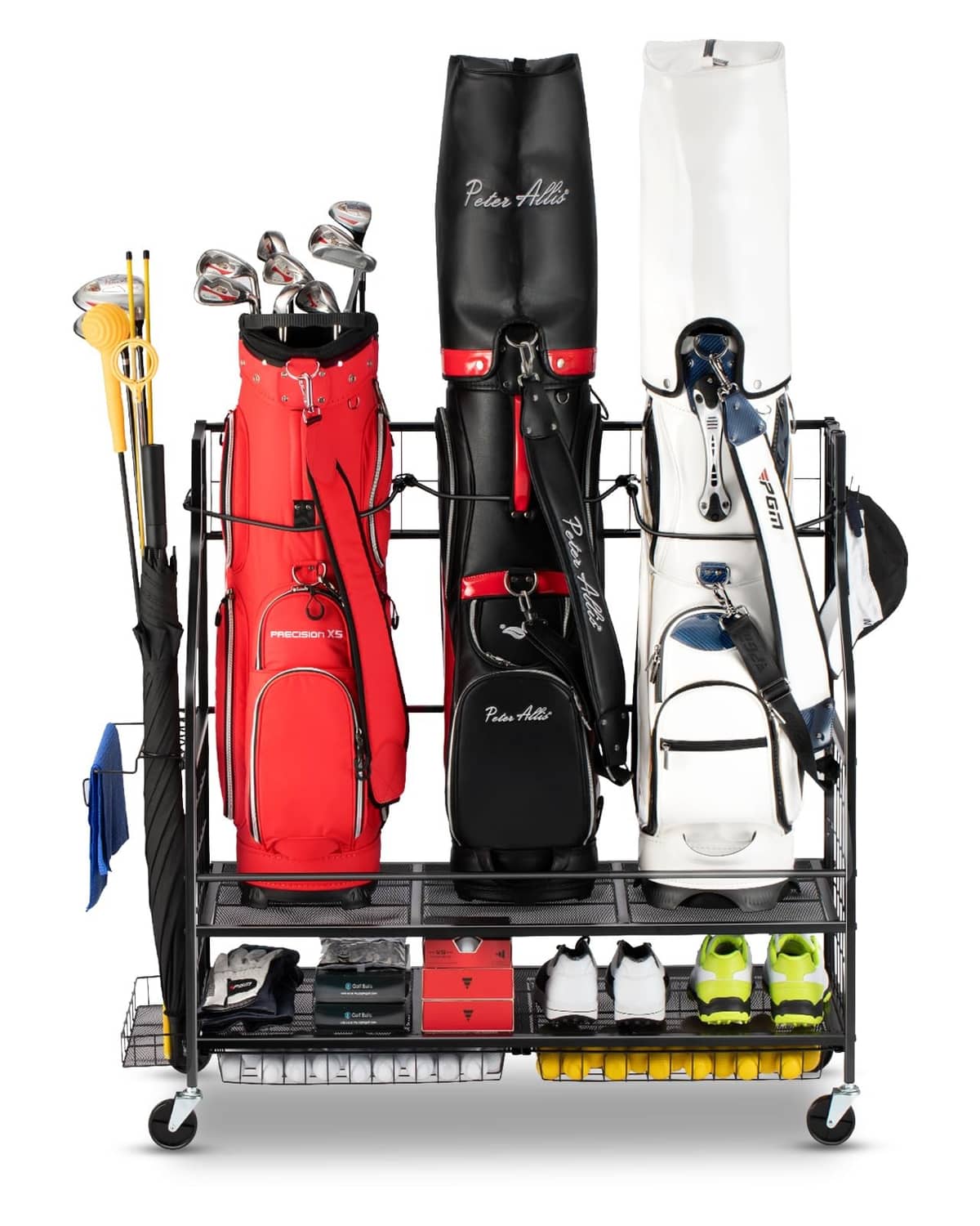 3-golf bag storage rack with red, black, and white bags on rolling metal stand