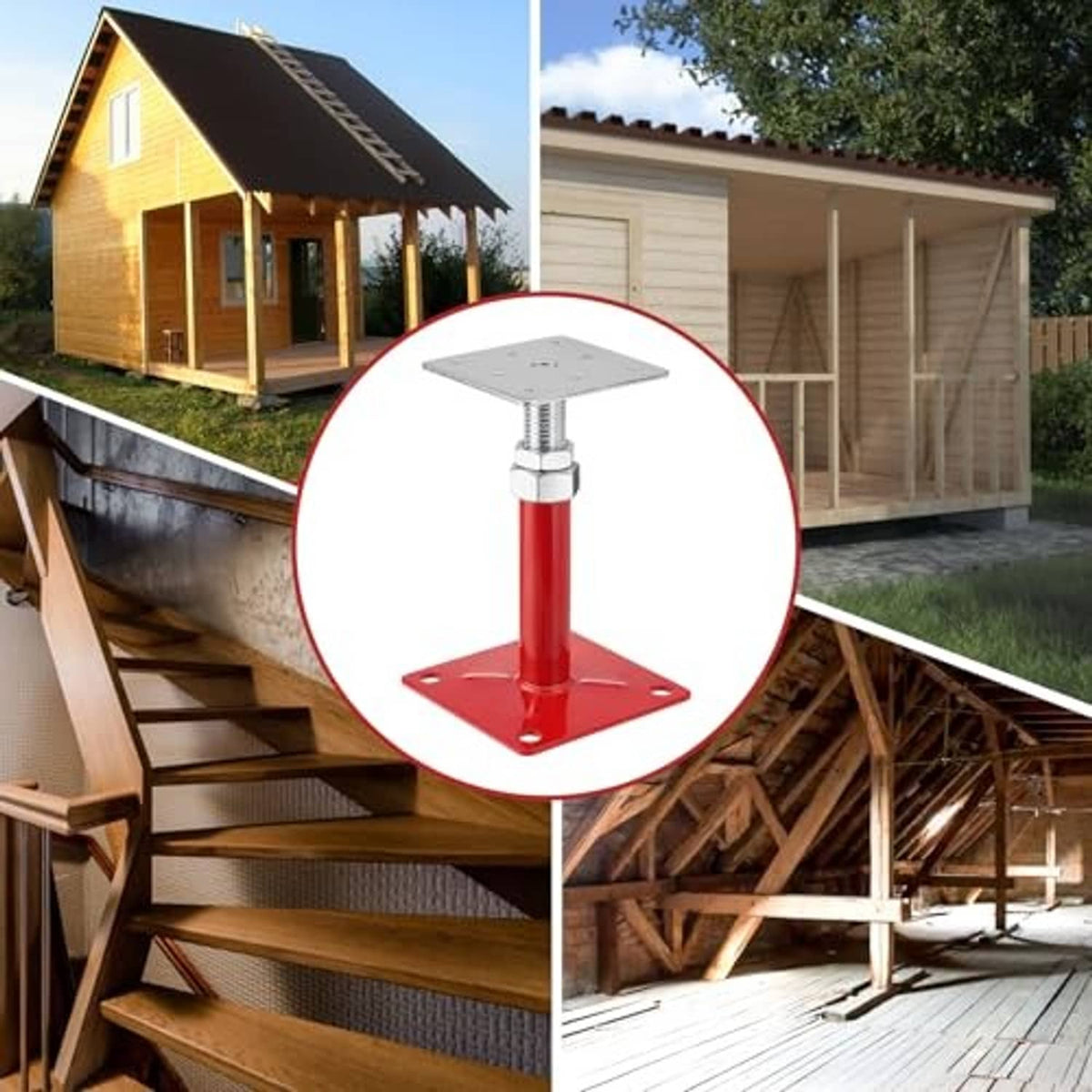 Red adjustable screw jack supporting a wooden structure with steel base plate