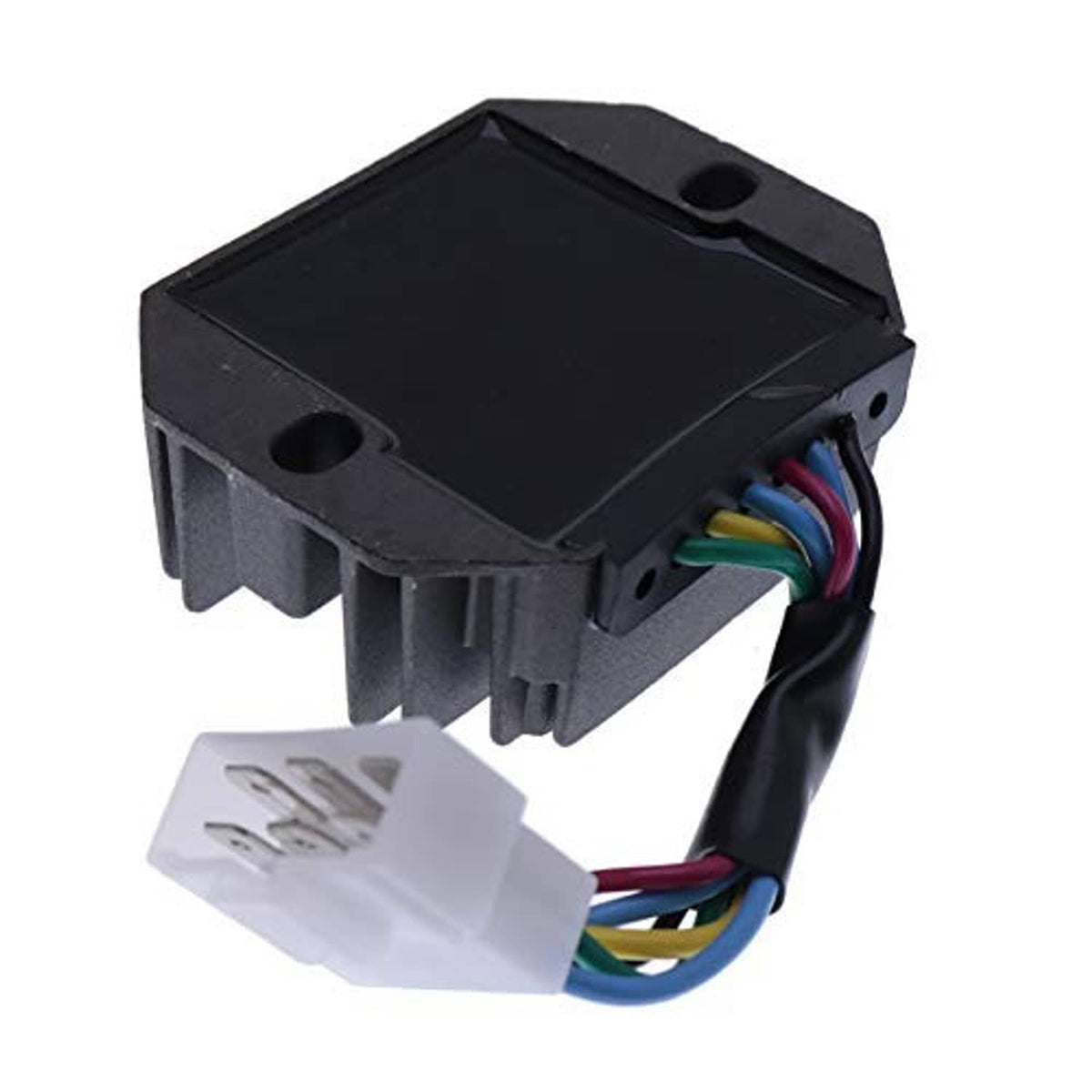 Voltage regulator rectifier module with black top, pin terminals, and multi-color wire connector