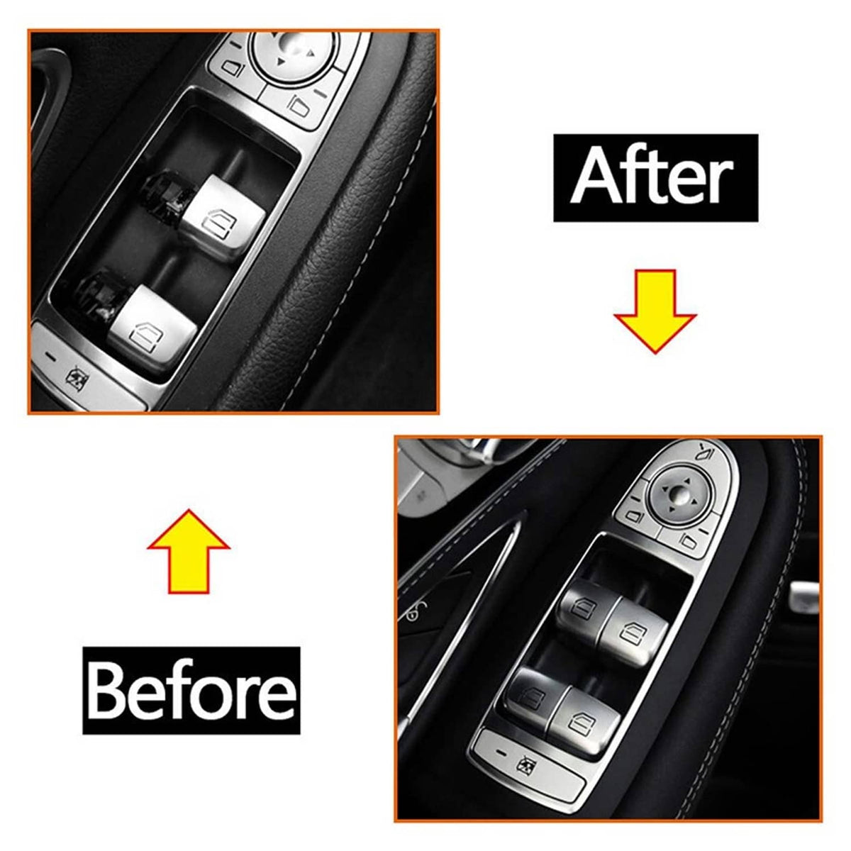 Power window switch closeup showing silver controls before and after install