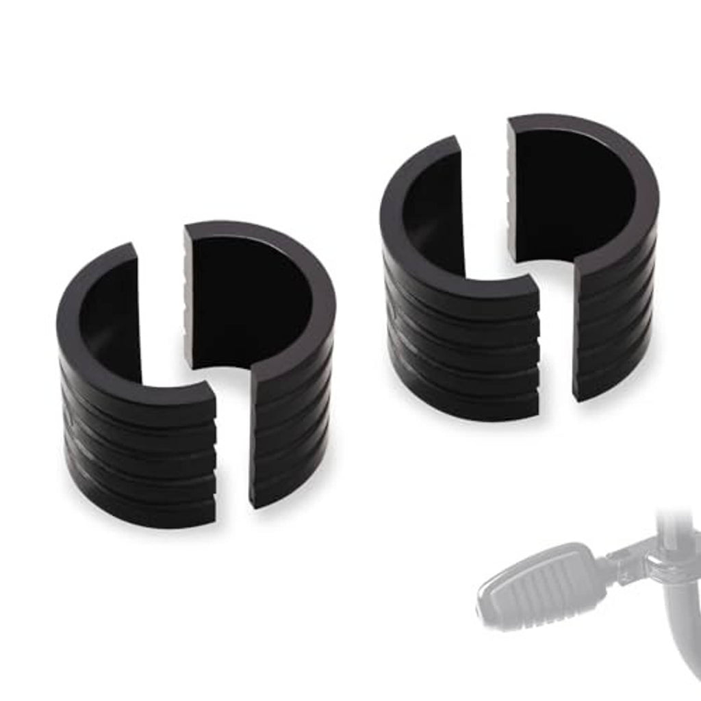 Set of black motorcycle highway peg mount spacers with rubber insert sleeves and ridges