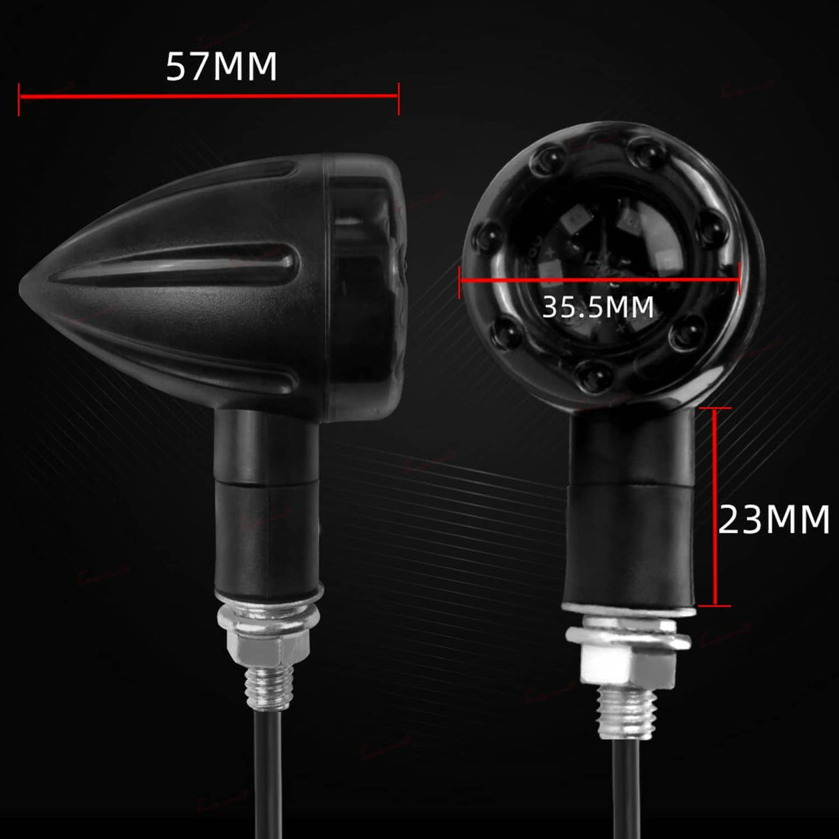 Black motorcycle LED turn signal indicator with mounting hardware and size markings