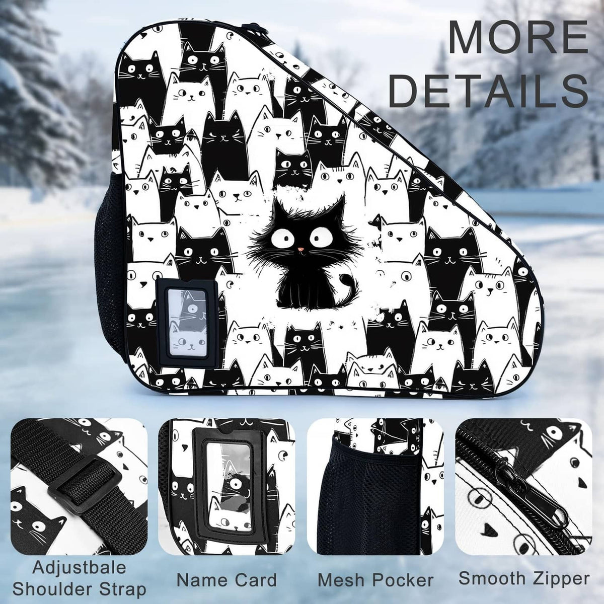 Cat-print skate bag with large central cat face graphic and zipper