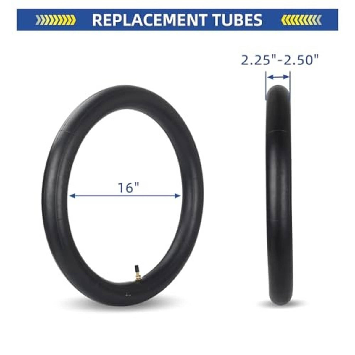 Black replacement inner tube with valve stem, 16 in length for 2.25/2.50-16 tire