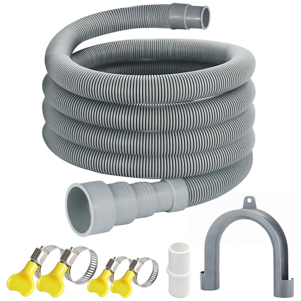 Gray corrugated washing machine drain hose extension with coiled spiral and gray end adapter