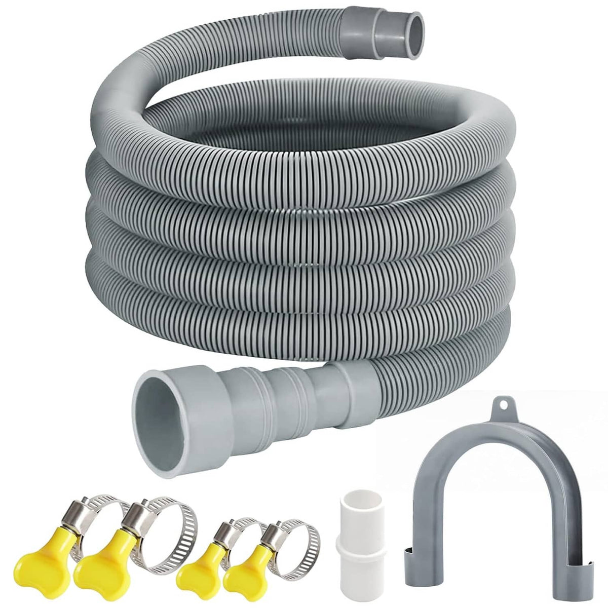 Gray corrugated washing machine drain hose extension with coiled spiral and gray end adapter
