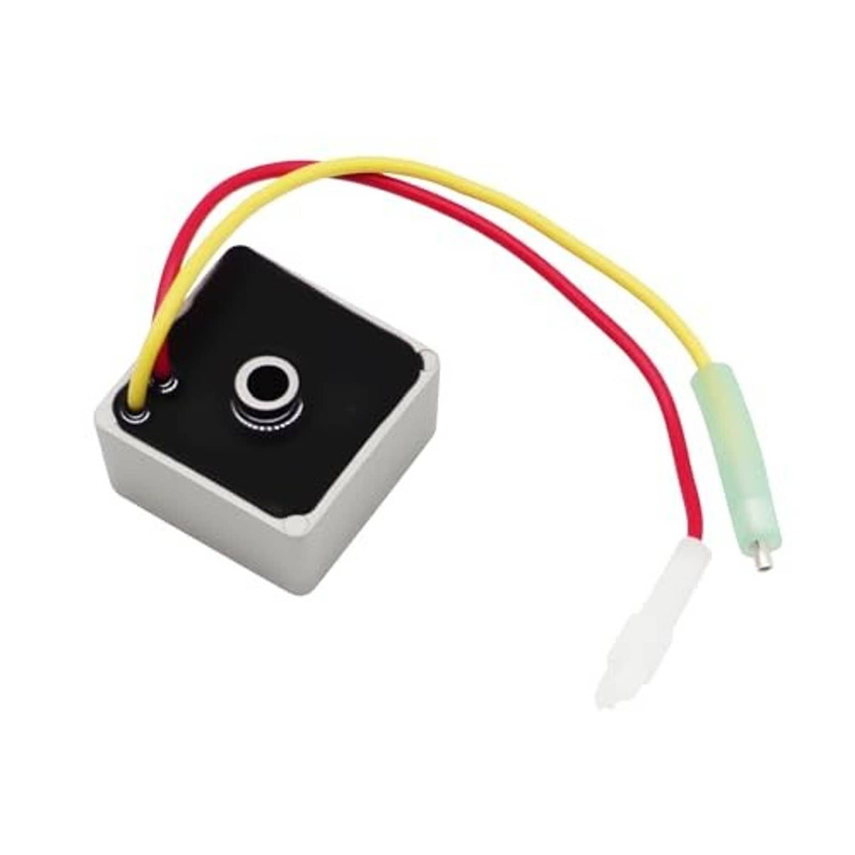 Voltage regulator module with black face, light gray housing, and multi-color wire leads