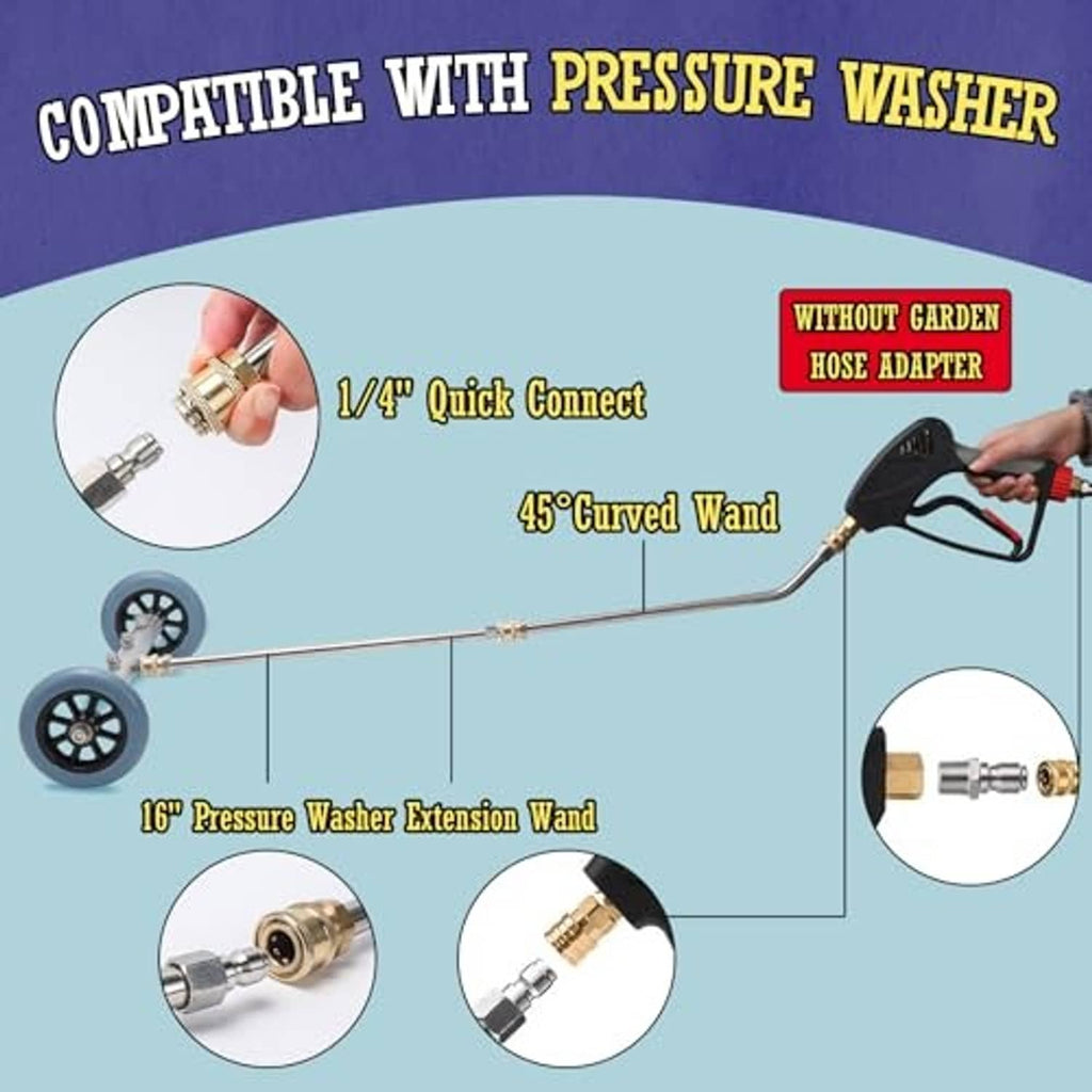Pressure washer undercarriage cleaner attachment diagram with 16" extension wand and blue wheels