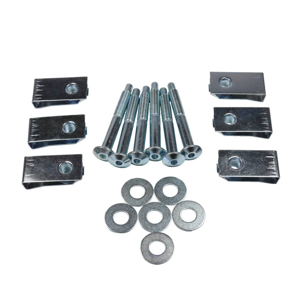 Truck bed mounting hardware kit with steel brackets, zinc bolts, and round washers