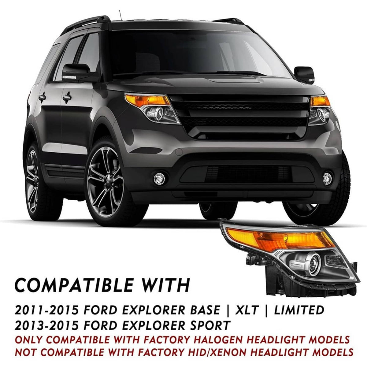 Passenger-side halogen headlight on SUV front with amber turn-signal lens