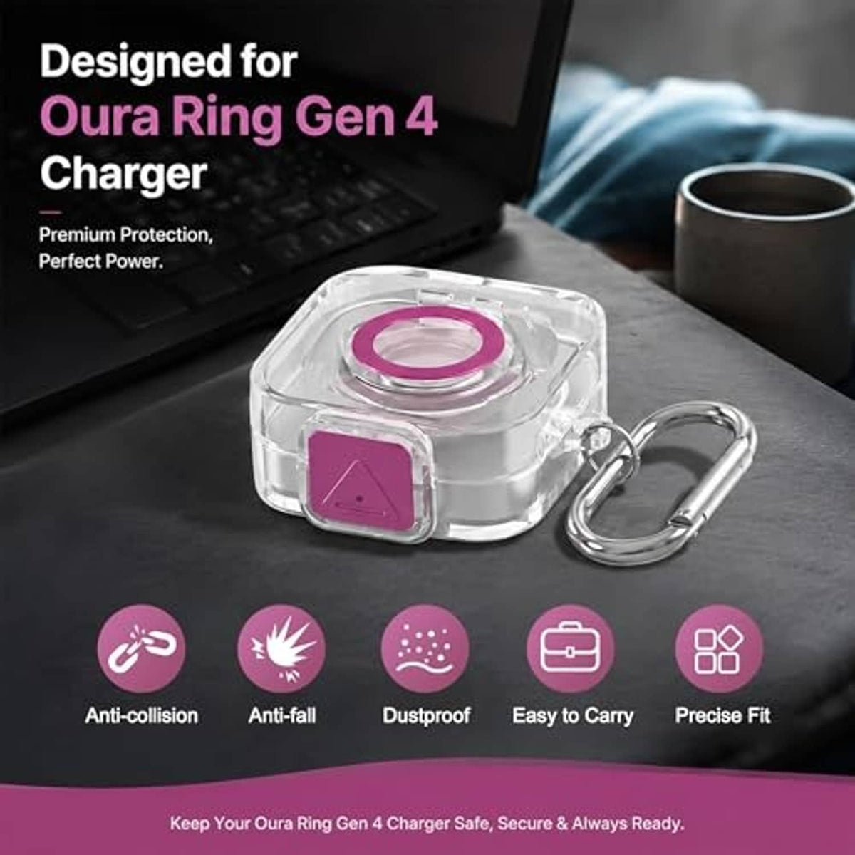Clear TPU charger protector case with purple insert ring and carabiner clip