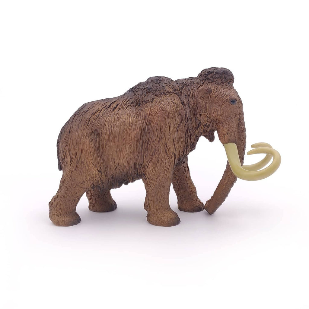 Woolly mammoth toy with ivory tusks, low profile side stance
