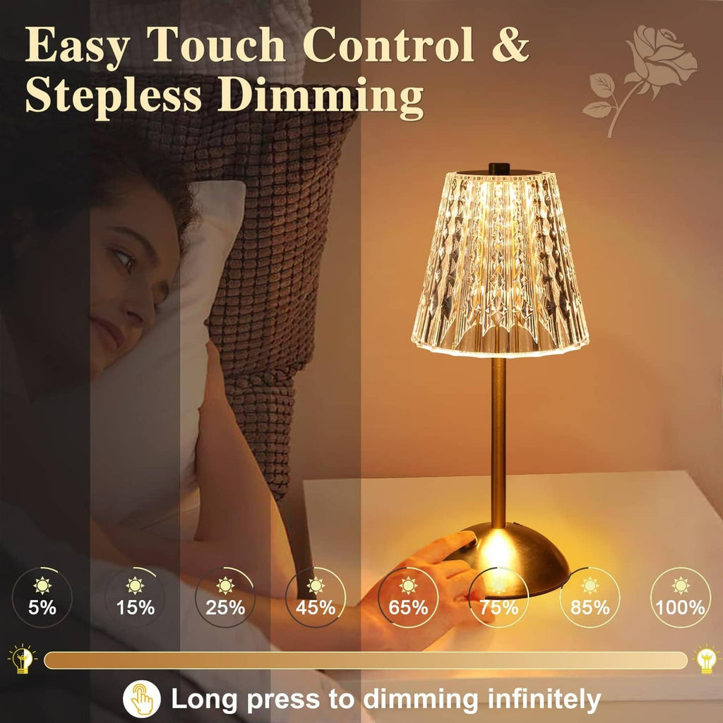 Dimmable cordless crystal table lamp with warm LED glow through clear faceted shade