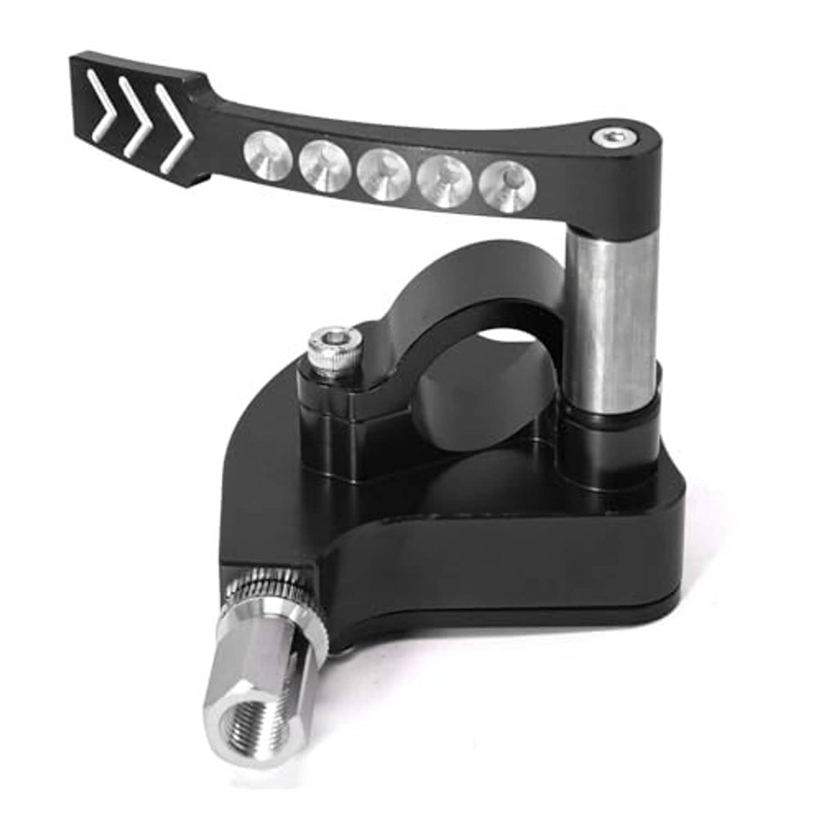 Black throttle thumb controller with silver tube, chrome button row, and arrow lever