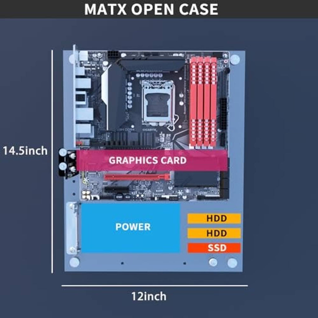 MATX open PC case diagram with motherboard, GPU area, and HDD/SSD zones