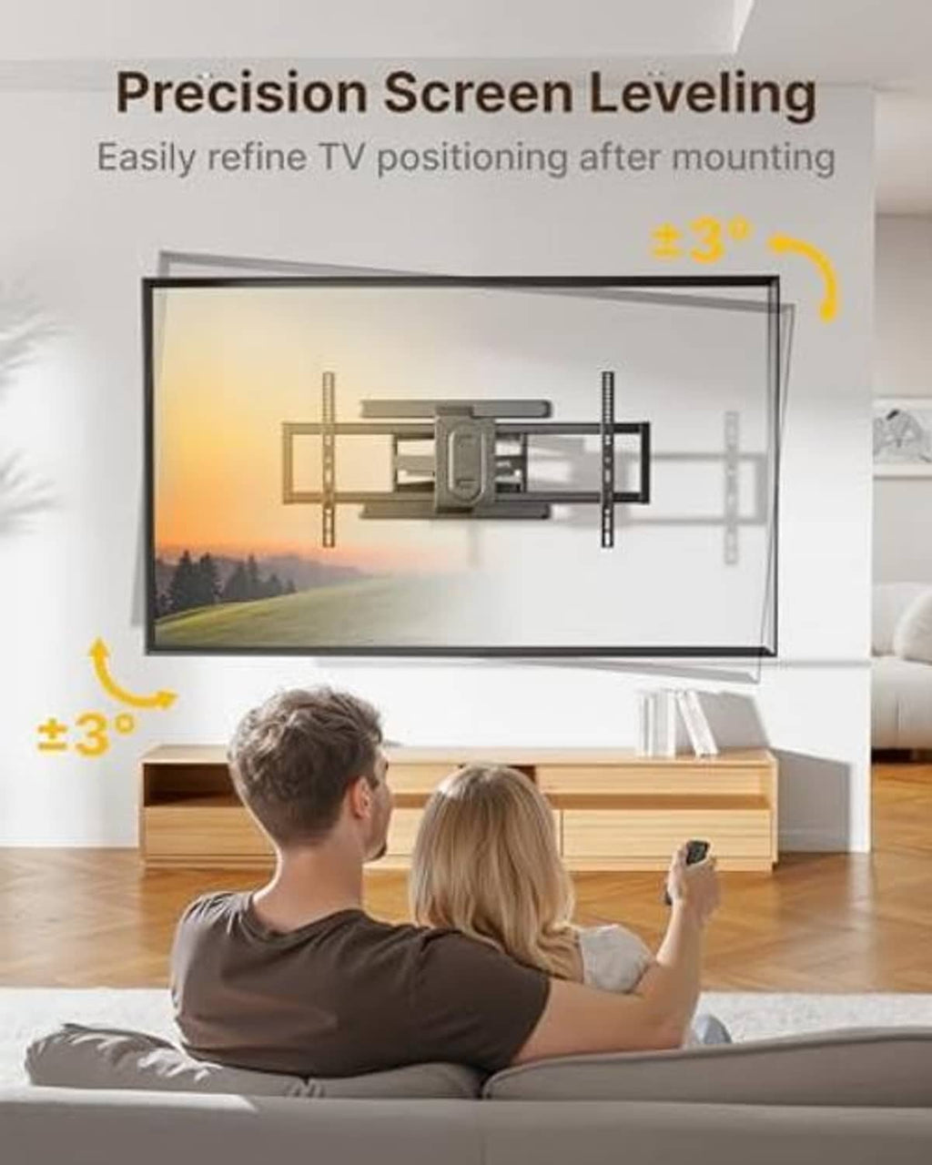 TV wall mount with precision screen leveling, showing adjustable +/- 3 degrees tilt