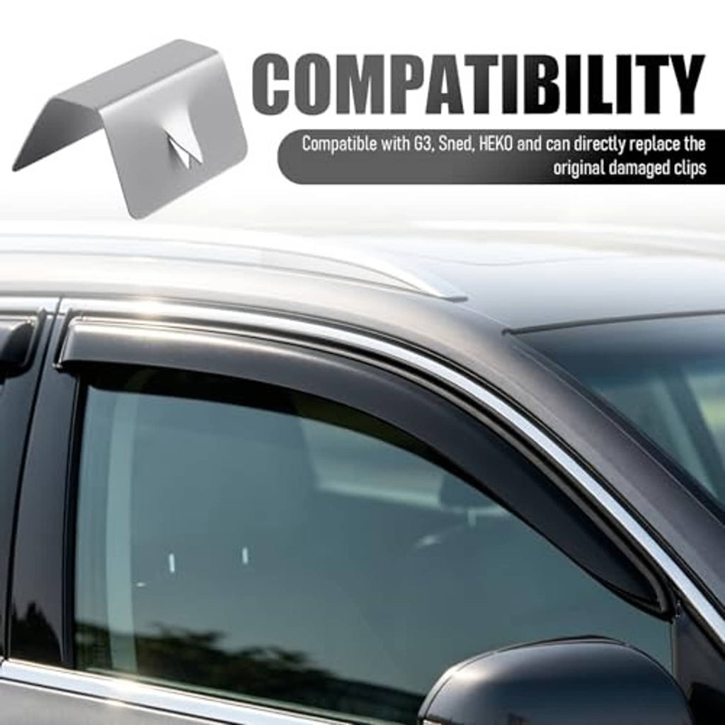Silver window deflector clips installed along the car window frame
