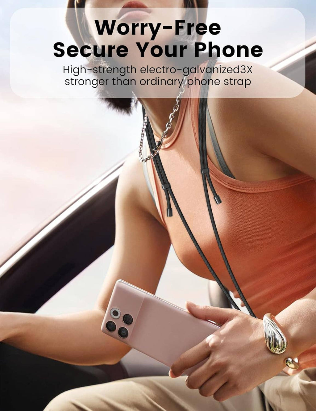 Black adjustable phone lanyard worn around the neck with phone attached