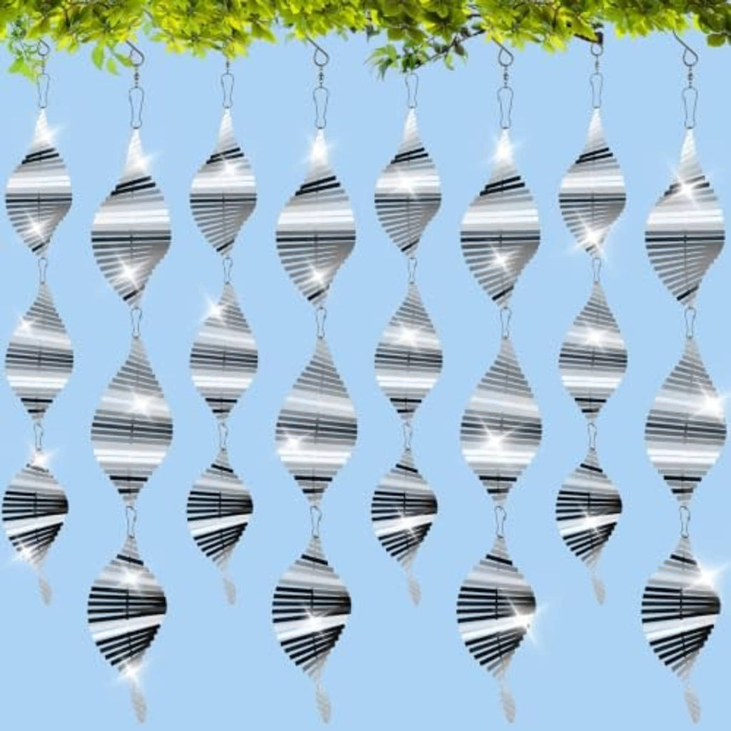 Set of silver stainless steel bird deterrent wind spinners with hanging loops